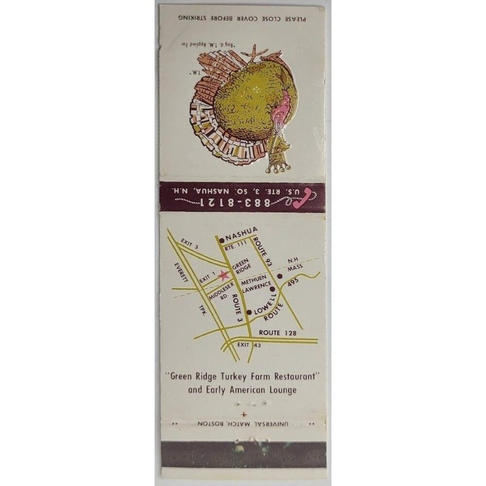 Front Strike Matchbook Cover Green Ridge Turkey Farm Restaurant Lounge Nashua NH - Picture 2 of 5